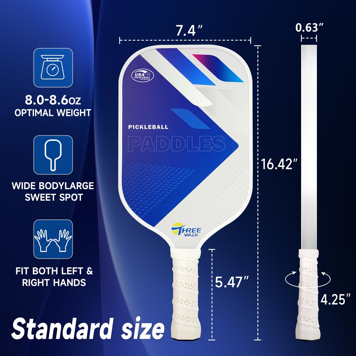 THREEWALK USAPA Approved Pickleball Paddle – Carbon Fiber Surface & Quiet 16mm Poly Core | Lightweight Control Paddle with Extended Handle & Edge Guard (Includes Paddle Cover, Blue/White)