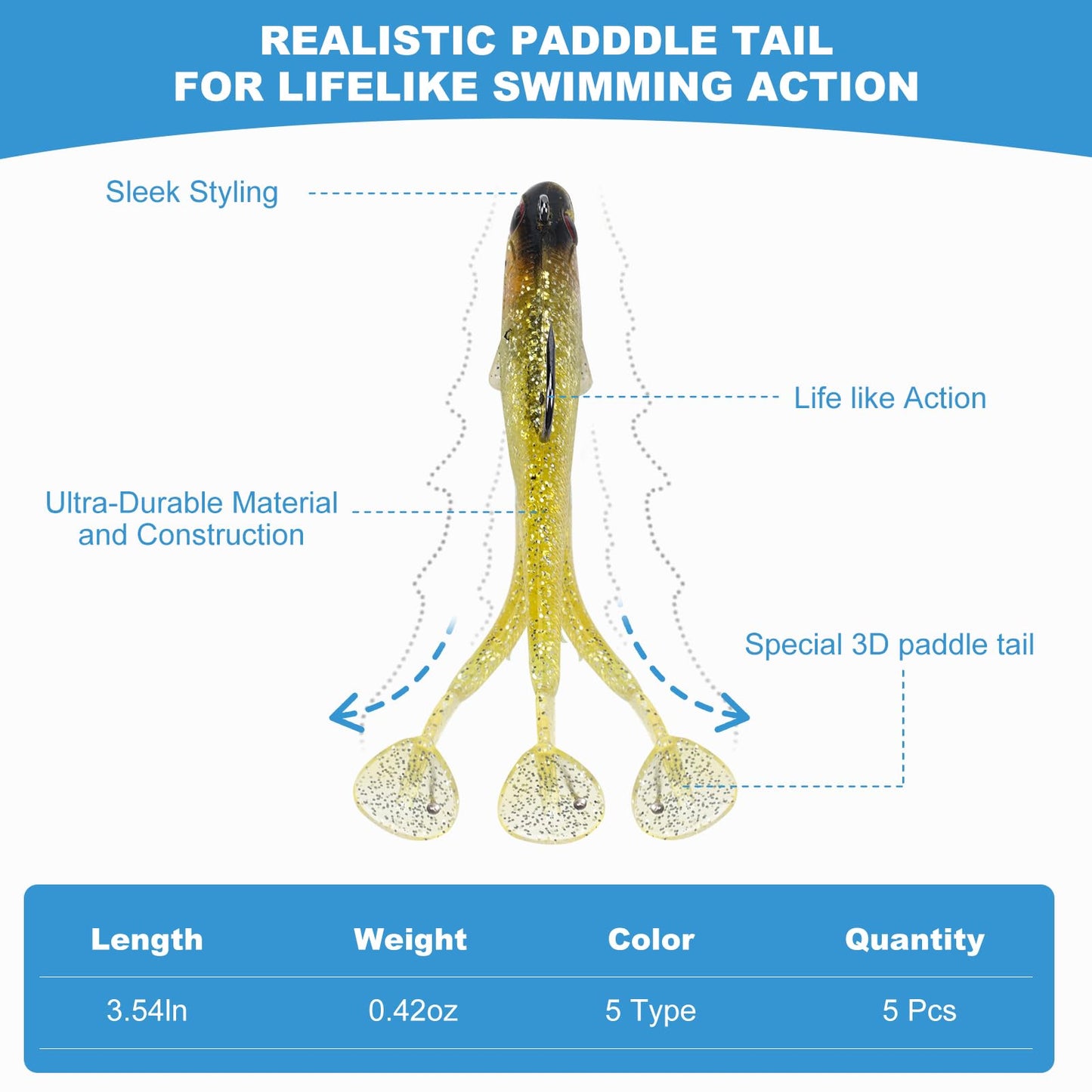 Gibtikoy 5 Pcs Pre-Rigged Soft Fishing Lures, 3.5In Paddle Tail Jig Heads Swim Bait, Realistic Movement Easy Catch Fishing jigs Lure, Fishing Baits for Freshwater Saltwater Bass Trout Baits