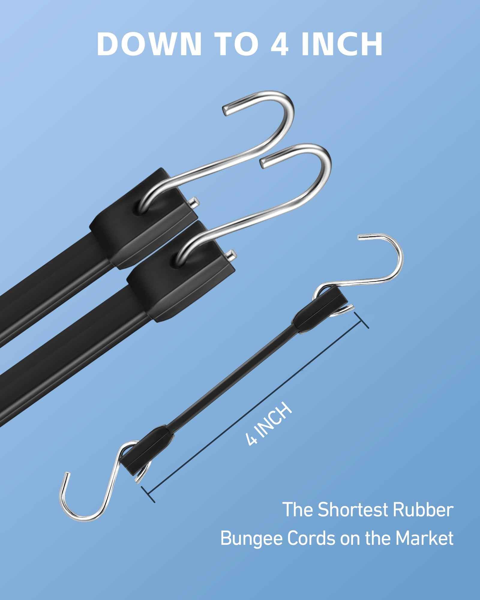4 Inch Short Rubber Bungee Cords Heavy Duty Outdoor, Mini Small Bungee Straps with Upgraded Hooks, Black Tarp Straps with 1.9X Max Stretch & 100% Rubber for Cargo, Van, Truck, Motorcycle, etc (9 Pcs)