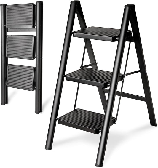 3-Step Folding Step Ladder - Sturdy 330 Lbs Capacity, Anti-Slip Pedals, Multi-Use Kitchen Stool, Black
