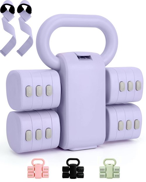 Adjustable 2-in-1 Dumbbell & Kettlebell Set, Free Hand Weight 4.4lb~11lb for Home Gym Training, Purple
