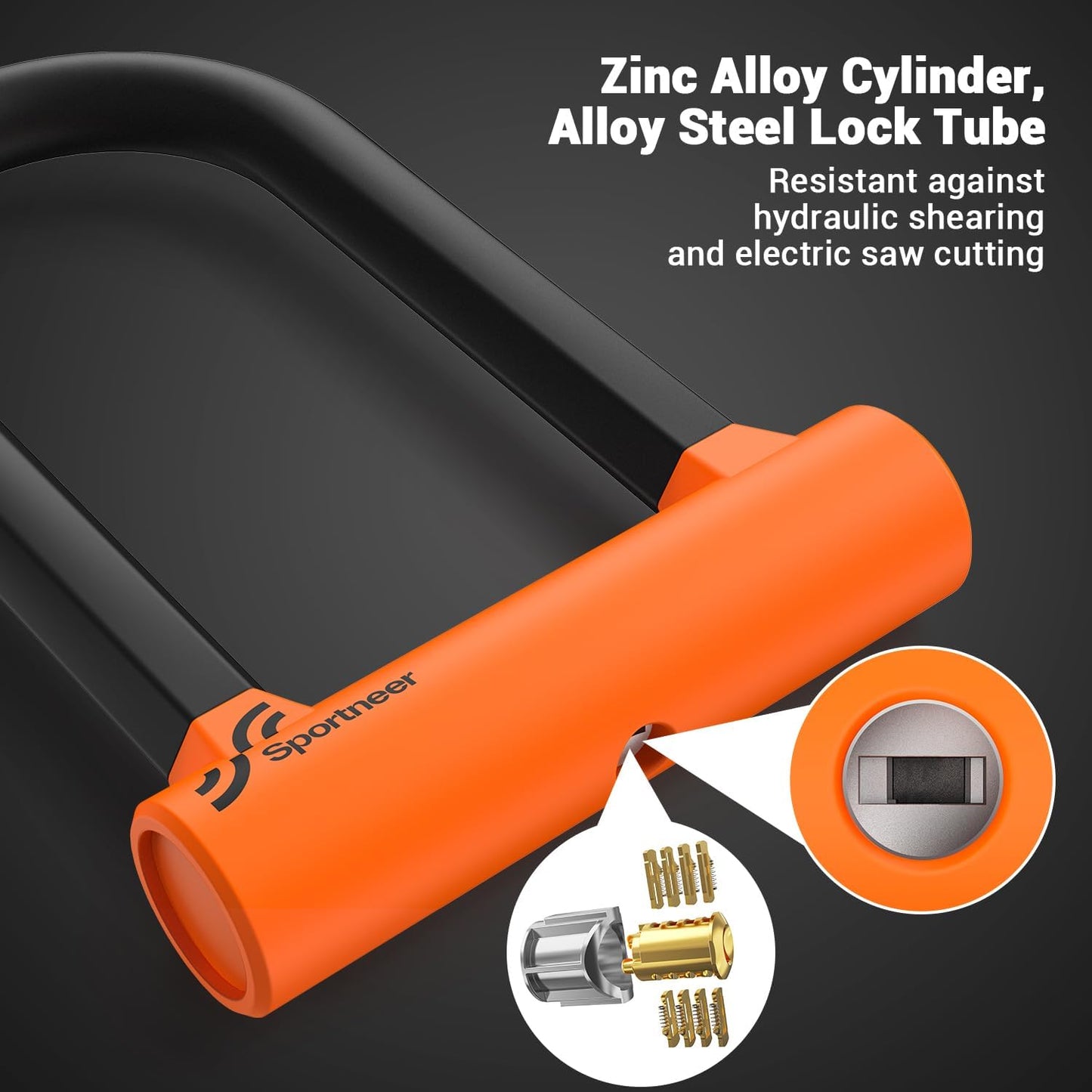 Sportneer Bike U Lock - Heavy-Duty Anti-Theft Lock with 5ft Steel Cable & 17mm Shackle - Orange