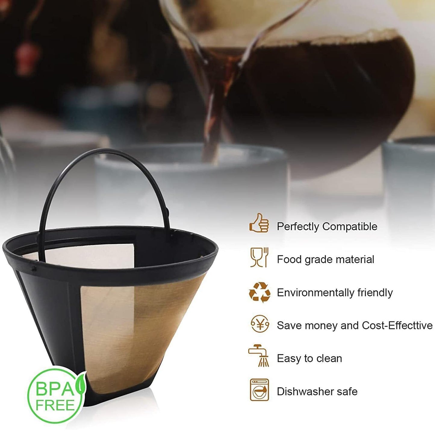 2 Pack GTF Gold Tone Coffee Filter for Cuisinart, Reusable 10-12 Cup #4 Style Cone Coffee Filters Basket Replacement for Cuisinart Coffee Makers