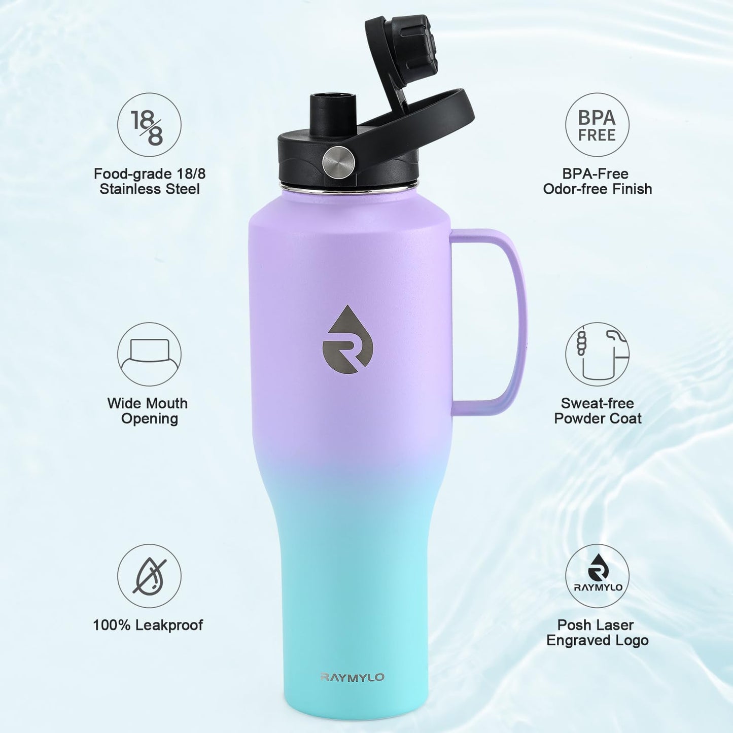 RAYMYLO Insulated Water Bottle 40oz (Cold for 48 Hrs), Stainless Steel Water Bottle with Handle & Straw Lid & Paracord Handle, Triple Wall Vacuum Leakproof Travel Flask, Fit in Any Car Cup Holder