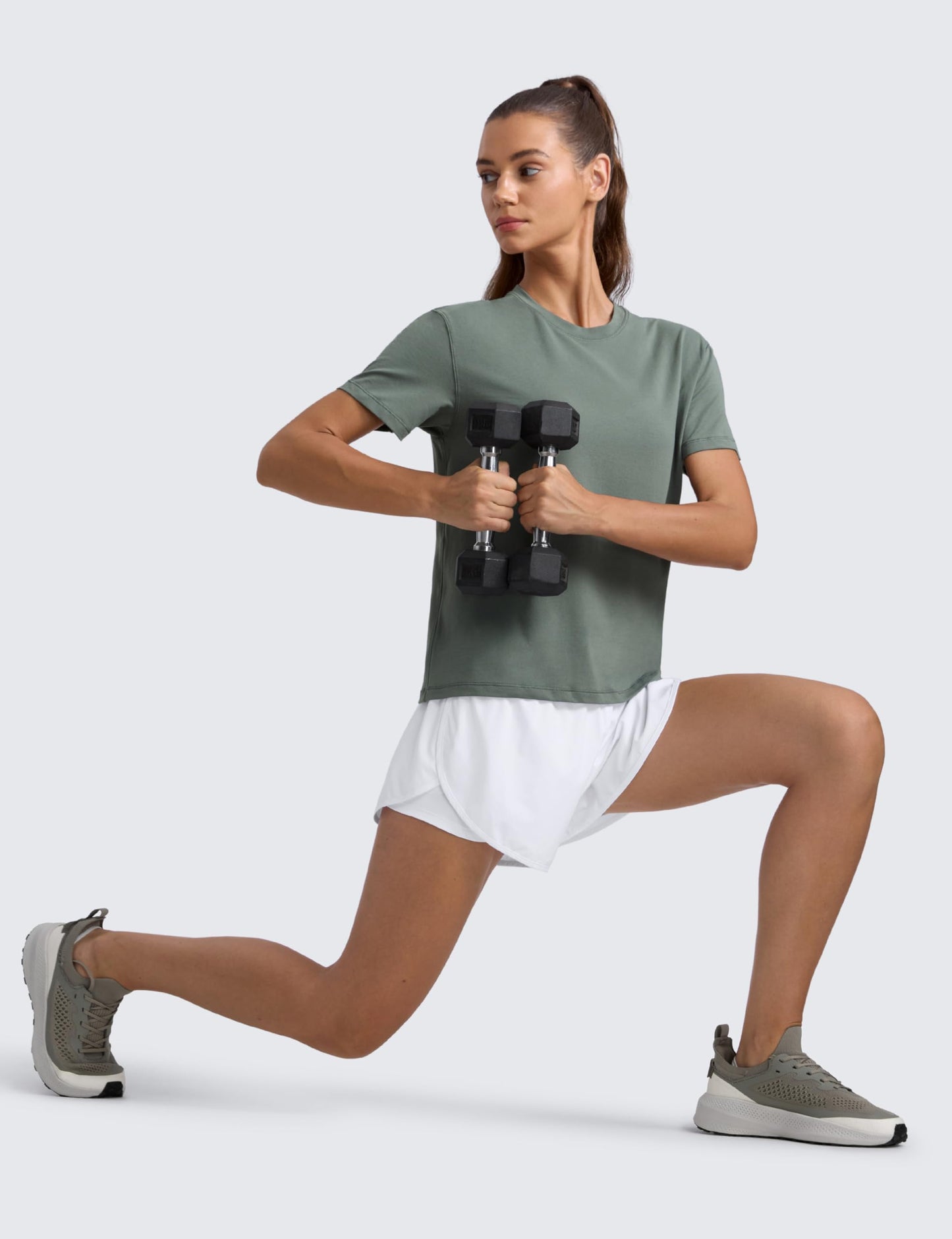 CRZ YOGA Cotton-Blend Crewneck Tops for Women - Workout Gym Athletic Casual Short Sleeve Shirts Quick Dry Basic T-Shirt Grey Sage Medium