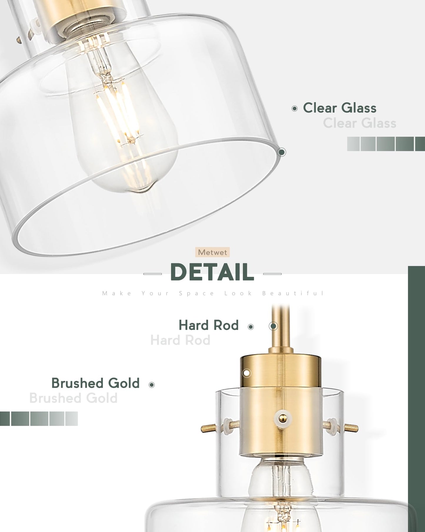 METWET 2 Pack Pendant Lights Kitchen Island, Brushed Gold Pendant Light Fixtures Over Island with Clear Glass Shade, 6" Modern Brass Kitchen Island Lighting for Dining Room Entryway, PL124-BG-G-2PK
