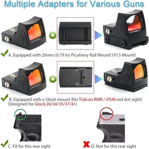 GOTICAL CNC-Machined Fiber Optic Handgun Sights - Front & Rear for Glock Pistols | Mini Red Dot Compatible