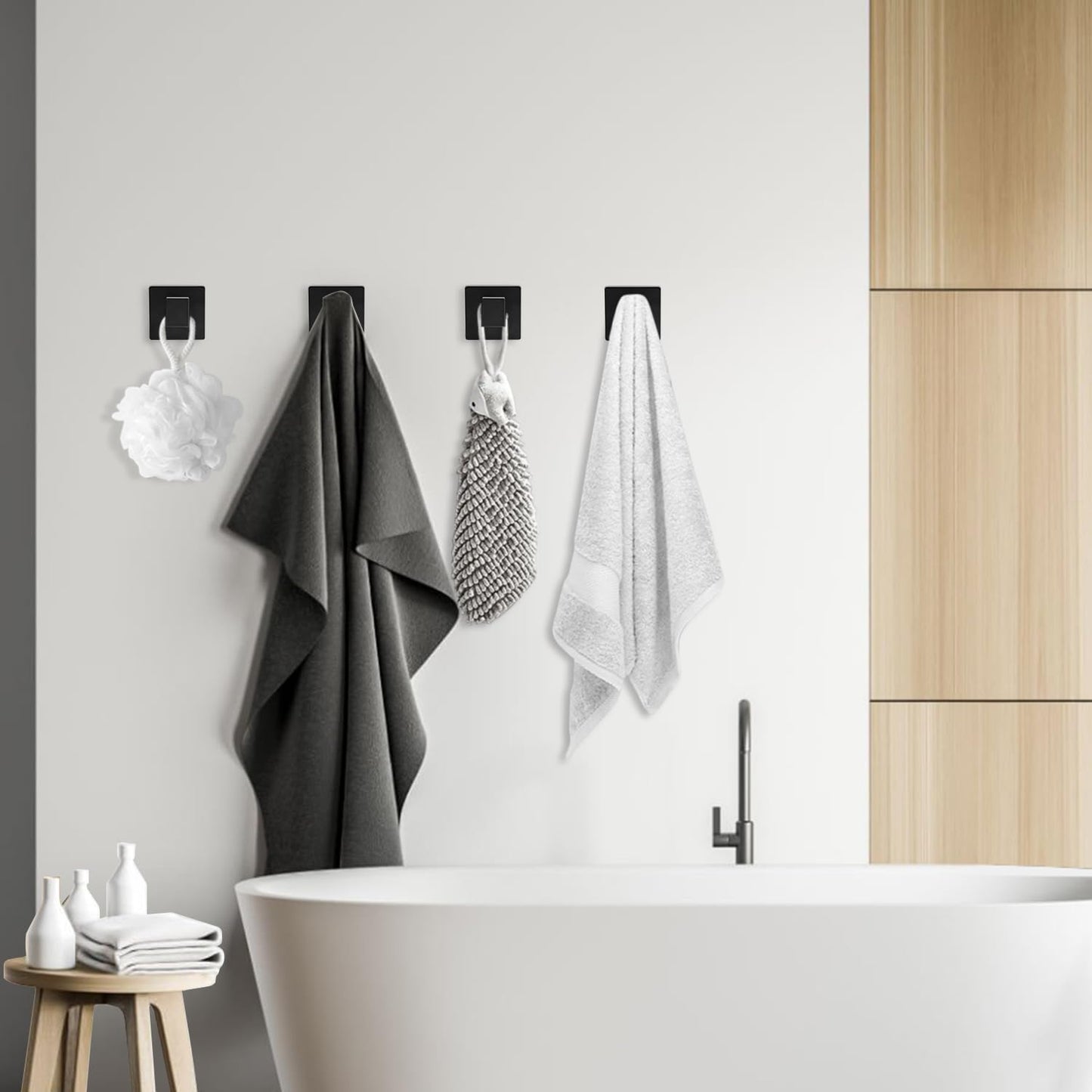 4 Pack Matte Black Towel Hooks - Heavy Duty Stainless Steel Wall Hooks for Bathroom, Kitchen, Bedroom & Closet - Modern Square Design Robe & Towel Holder for Coats, Bags, Hats & More
