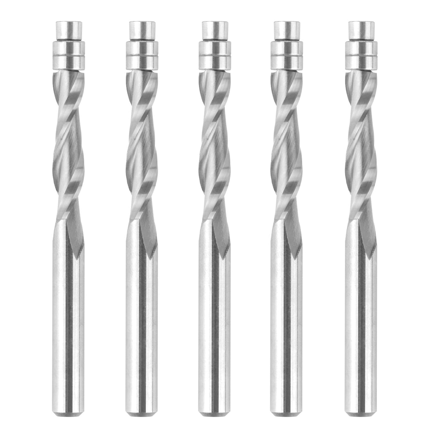 SpeTool 5PCS Upcut Spiral Flush Trim Router Bits Set with 1/4" Shank,3" OVL Carbide Bottom Bearing Spiral Bit for Woodworking Trimming