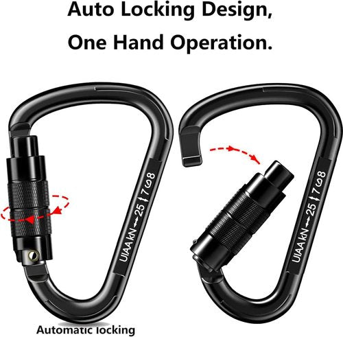 Auto Locking Carabiner Heavy Duty Carabiner 25kN Climbing Carabiner Climbing Equipment Safety Carabiners for Rappelling, Hammocks, Rescue, Dog Leash, Swing (All Black-8PCS)