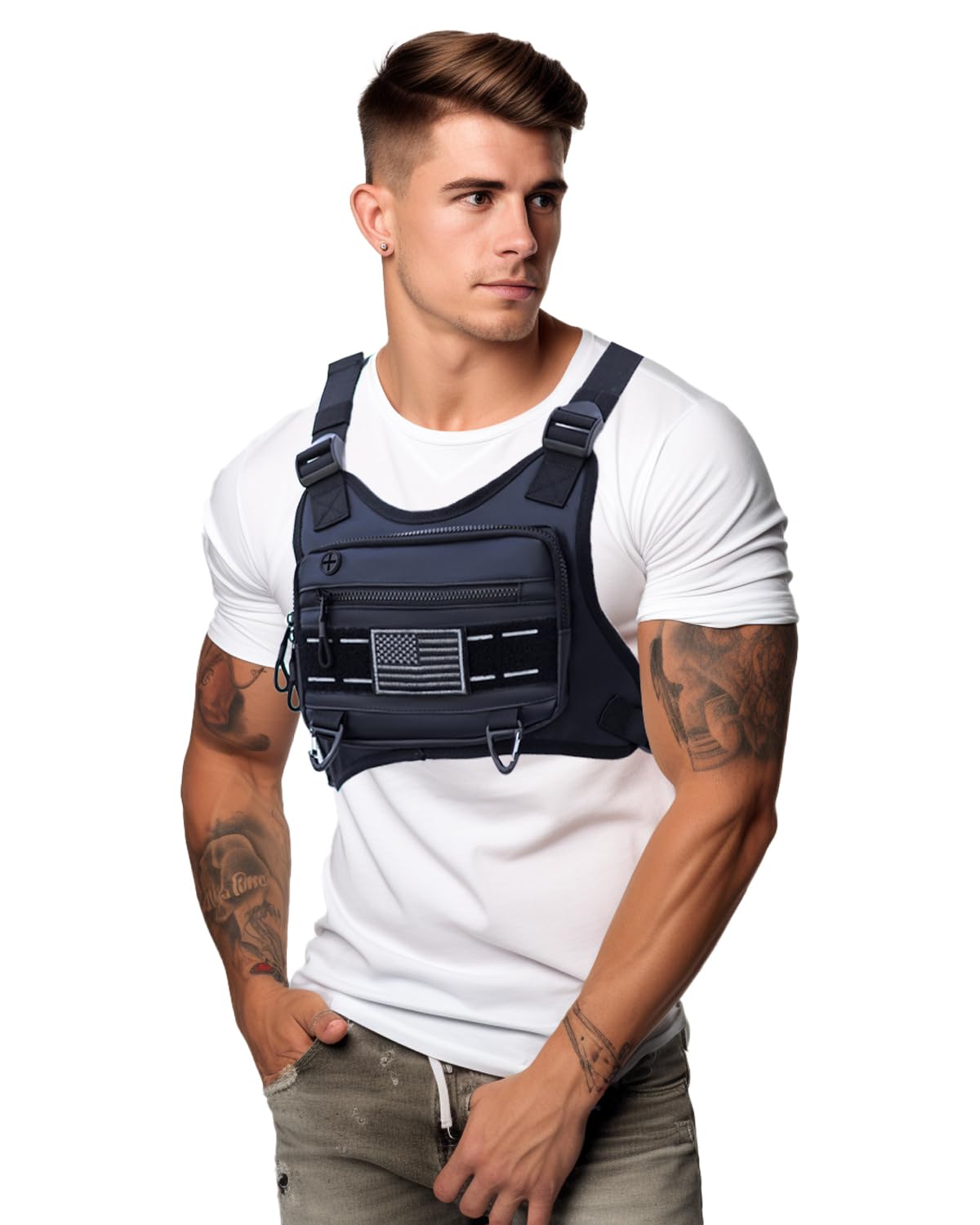 Outdoor Chest Bag for Men, Lightweight Water Resistant Chest Pack with Phone Holder & Extra Storage - Adjustable Tactical Utility Vest for Running, Hiking, Cycling, Workouts, Travel (Black)