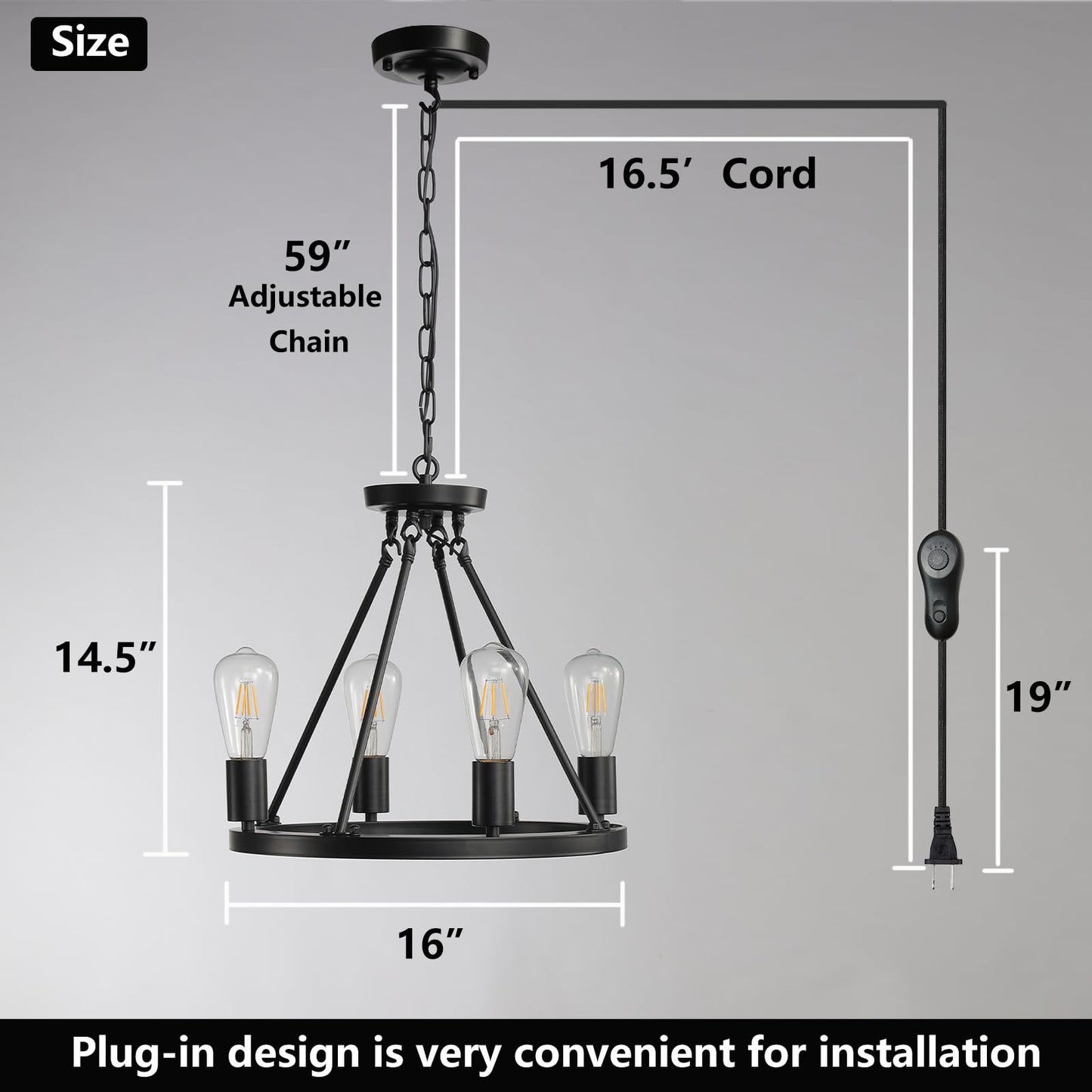 4-Light Plug in Chandelier with Dimming and Timer Switch,Black Wagon Wheel Round Metal Chandelier,Hanging Light with 16.5ft Cord,Modern Industrial outdoor light fixture for gazebo,Bedroom,Dining Room