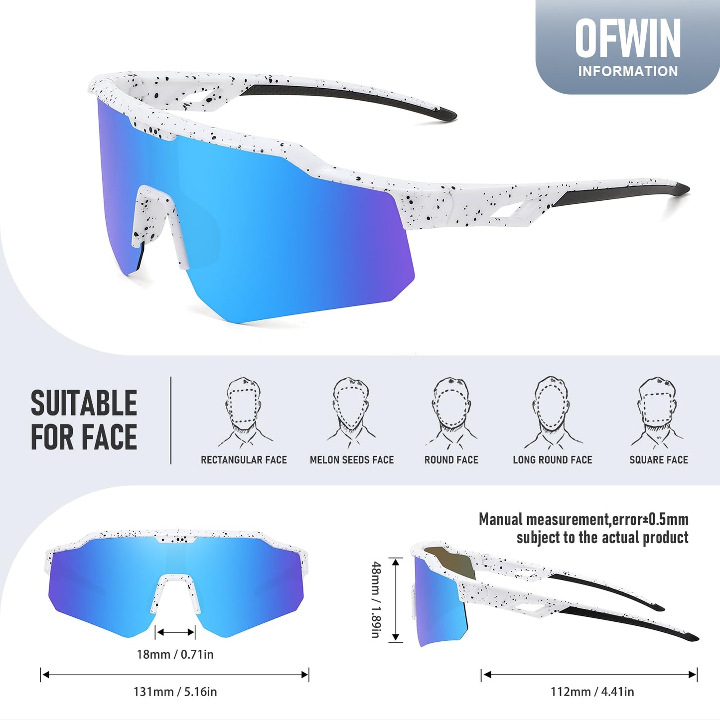 Ofwin Polarized Youth Sports Sunglasses for Boys Girls Kids Baseball Sunglasses Softball Cycling Running Age 5-15 White Frame/Ice Blue Mirror Lens