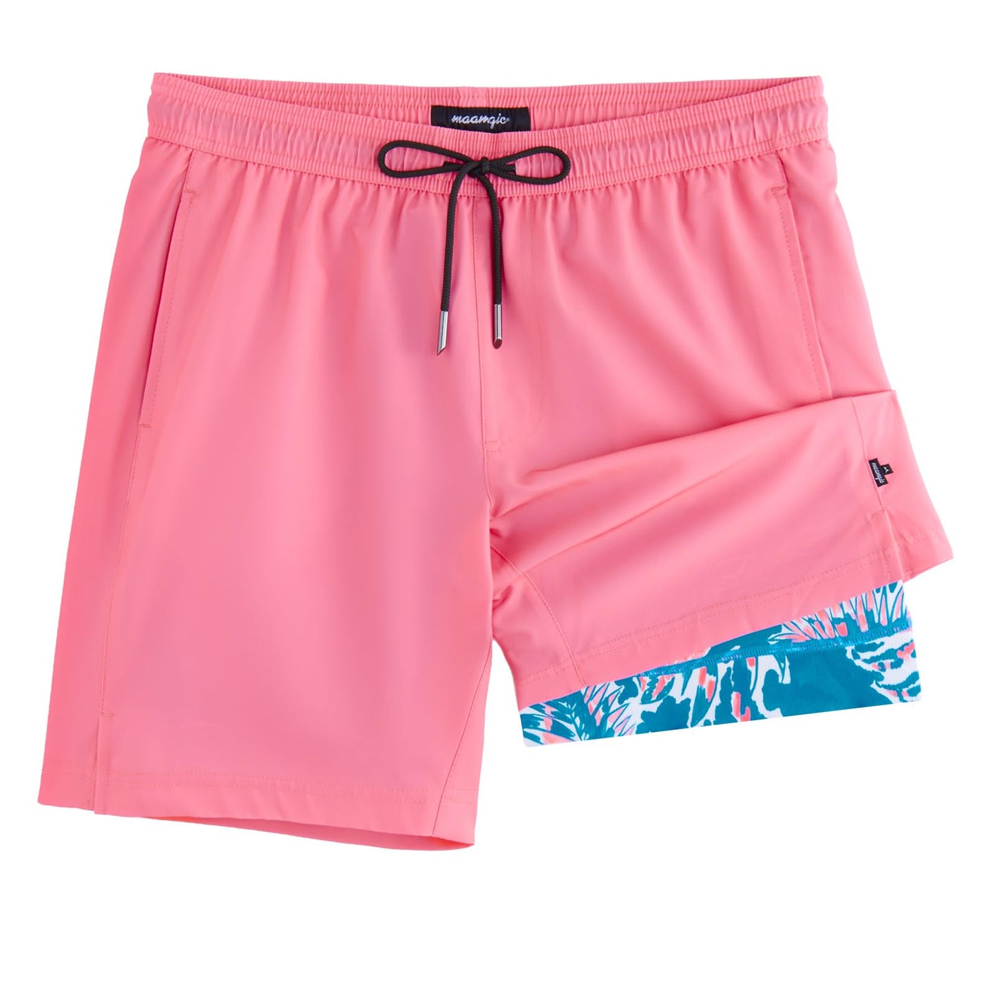 maamgic Mens Swim Trunks with Compression Liner 7 Inch Inseam Mens Bathing Suit Quick Dry Swimming Trunks Swimsuit Pink Flowers X-Large