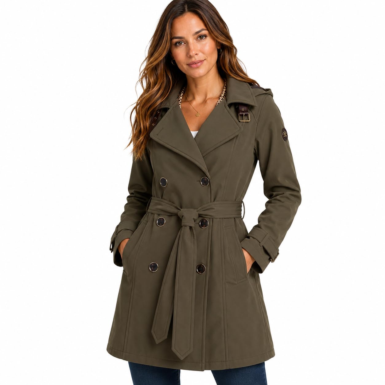 Jessica Simpson Womens Trench Coat - Lightweight Belted Softshell Jacket - Polar Fleece Lined Hooded Long Coat for Women, Size Large, Olive