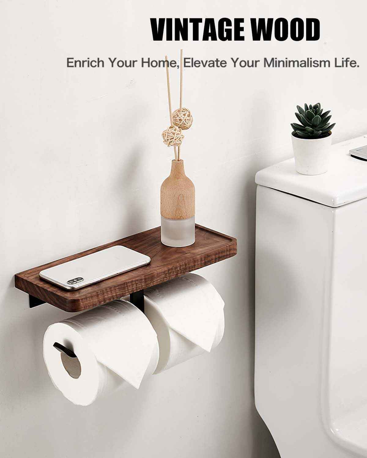 Adhesive Wood Double Toilet Paper Holder with Shelf Storage, Wall Mount Wooden Toilet Paper Roll Holder and Wipes Holder with Phone Shelf, 304 Stainless Steel & Wood, Double Roll Matte Black