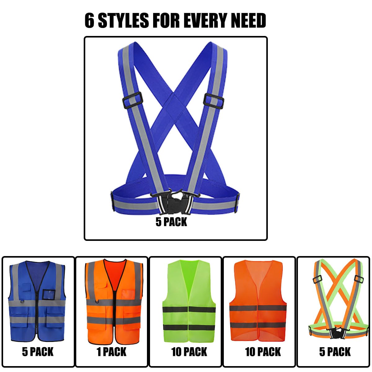 Reflective Vest 5 Pack, Blue Hi-Vis Safety Harness for Men, Women & Kids, Adjustable vest with 360 Silver Reflective for Security Guard, Event Staff, Law Enforcement Support, Crowd Control, Doorman