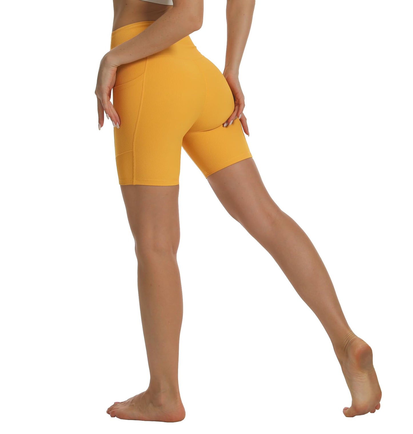 Women's Ribbed Biker Shorts 7" High Waisted Spandex Yoga Shorts with Pockets Workout Running yl m Yellow