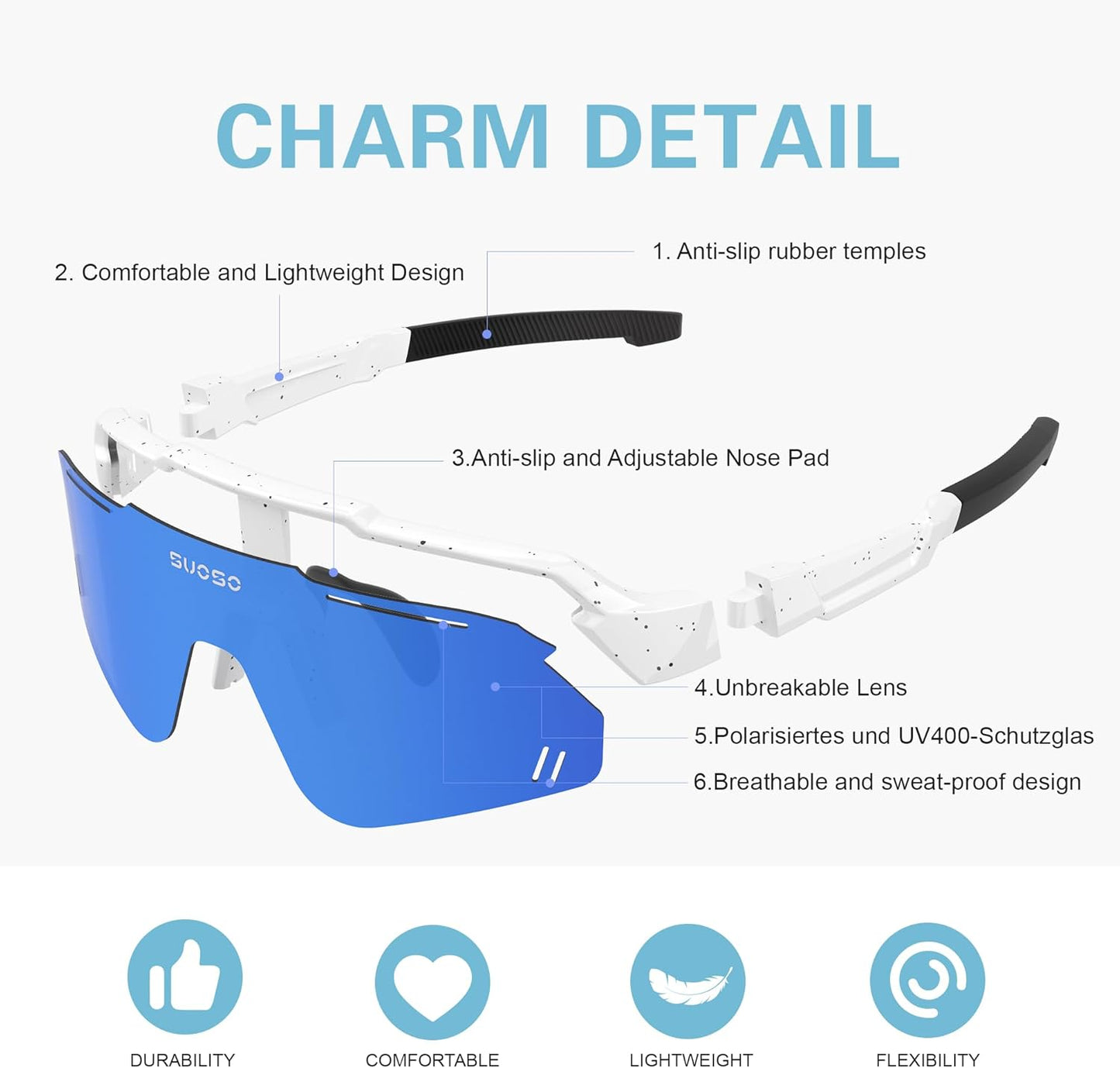 Suoso Kids Polarized Sports Sunglasses - Lightweight TR90 Baseball & Cycling Glasses for Ages 6-12