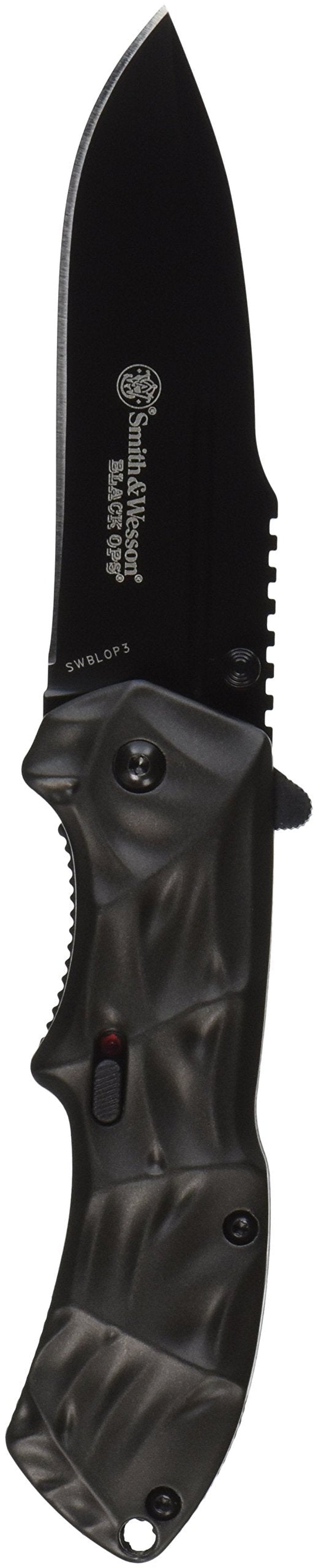 Smith & Wesson Black Ops SWBLOP3 7.7in S.S. Assisted Opening Knife with 3.4in Drop Point Blade and Aluminum Handle for Outdoor, Tactical, Survival and EDC