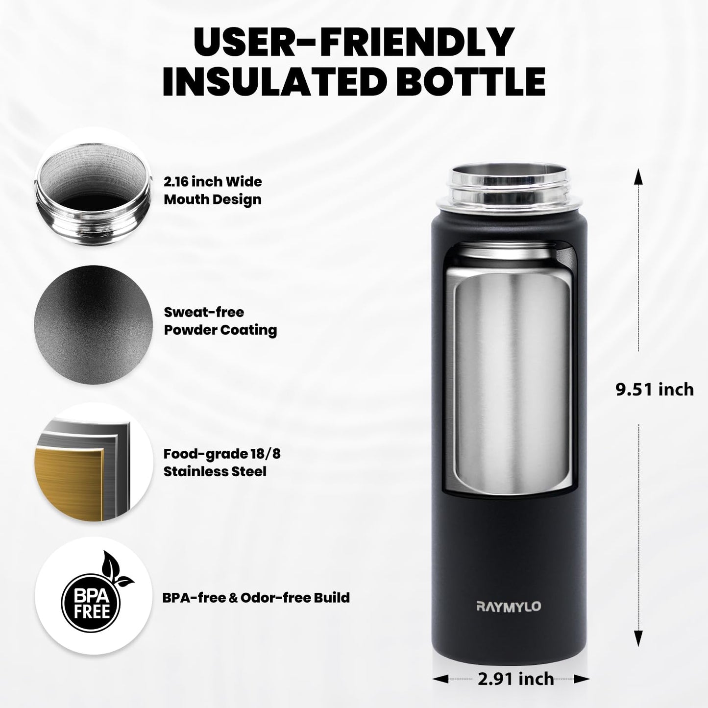 RAYMYLO Insulated Water Bottle 20 oz, Triple Wall Vacuum Stainless Steel (Cold for 24Hrs, Hot for 12Hrs), Leak Proof & Non-BPA, Modern Water Bottle Jug for School with Straw Spout Lids
