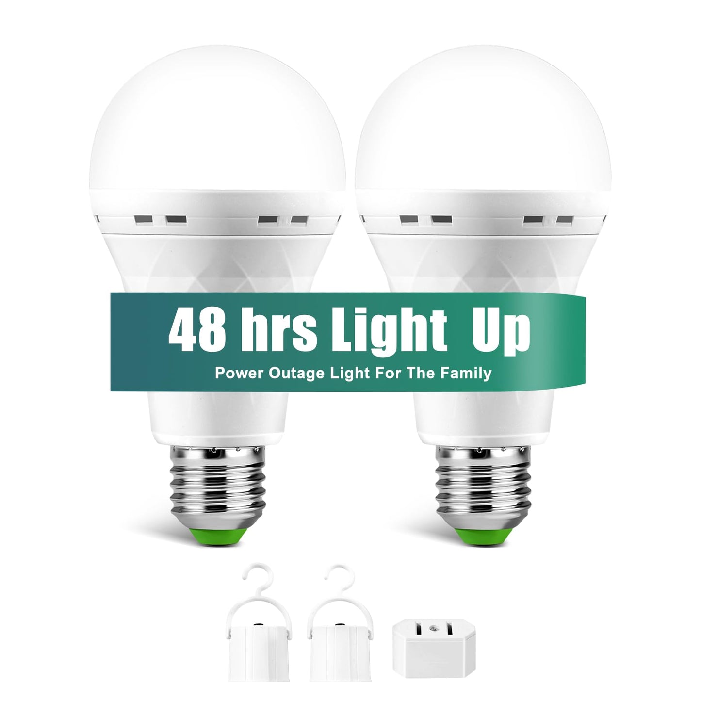 MOSLIAN Emergency-Rechargeable Light Bulb with Hook,Stay Lights Up When Power Failure, 1500mAh 12W 60W Equivalent LED Light Bulbs for Home, Camping, Hiking(E27, with Hook,with Plug Cap) 2 Pack