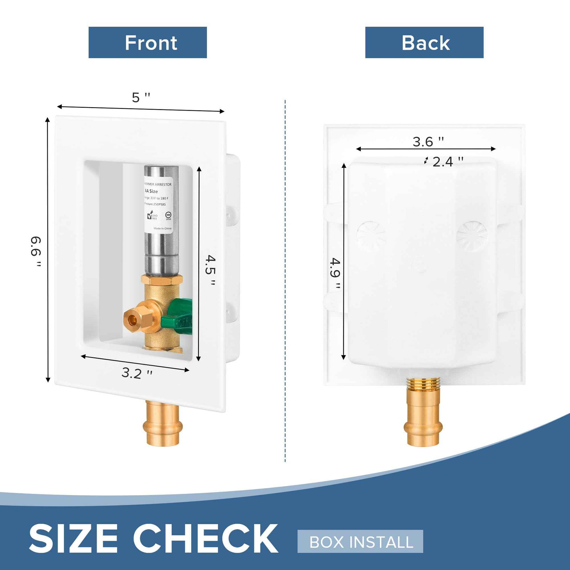 SECKWHALE Ice Maker Outlet Box with Water Hammer Arrestor, 1/2-Inch Press x 1/4-Inch OD Compression with 1/4-Turn Ball Valve, Ice Maker Valve Wall Box with Faucet, Absorb Shock and Reduce Noise