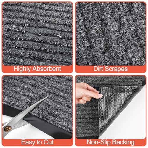 MYFAMIREA Commercial Floor Mat 2' x 3' Extra Large Front Door Industrial Rug Heavy Duty Brush Step Entrance Mat Weather Utility Rug with Non Slip Rubber Backing Low Profile for Entryway, Charcoal Grey