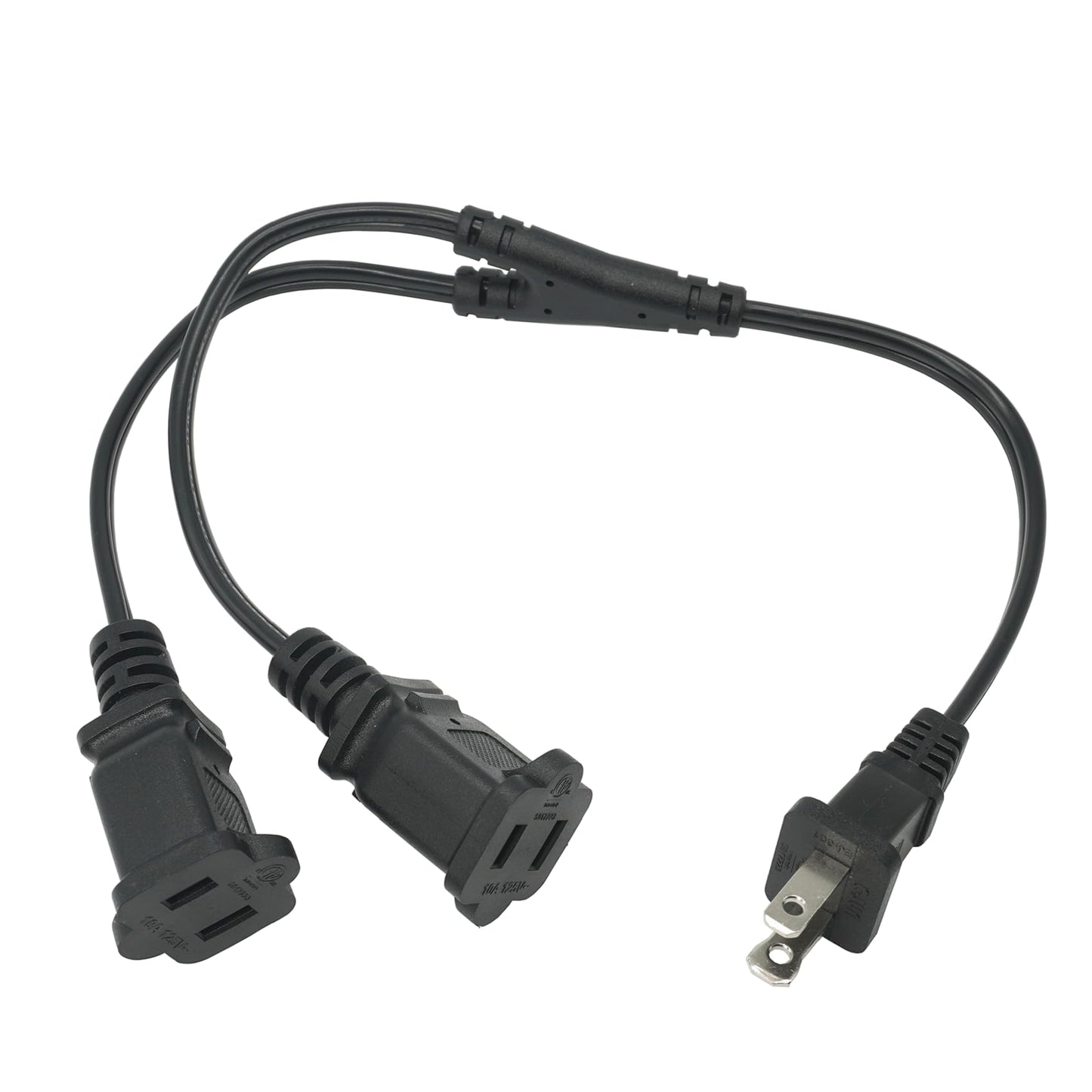 2 Prong 1 to 2 Extension Cord, 2 Way Indoor Power Cable Outlet Saver Splitter, Male to Female Y Splitter, 18 Gauge Wire, 10 A 125 V 1.5 Feet Black