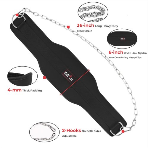 DEFY Dip Belt for Weight Lifting with 36" Steel Chain - 370 lbs weightlifting capacity - Neoprene Gym powerlifting belt for powerlifting & strength training for men & women