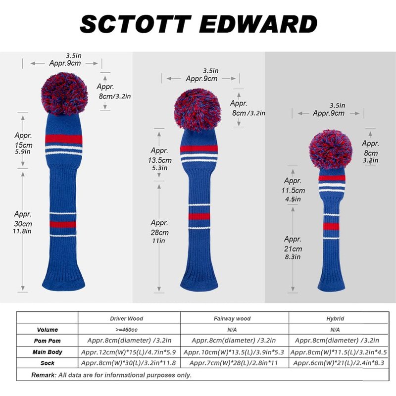 Scott Edward Personalized Golf Club Covers 4 Counts for Woods and Driver Fit Max Drivers Fairways Hybrids/Utility Big Pom Pom Customized Patterns Decorate Golf Bags