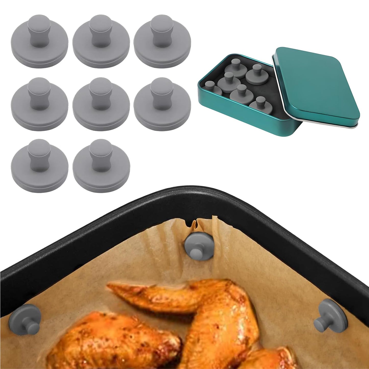 Air Fryer Liners Silicone Magnets,Holds Parchment Paper Safely PREVENTS BURNING & FOOD COVERING,Heat-Resistant & Rust-Proof Air Fryer Accessories,Easy Install with Handles - 8pcs