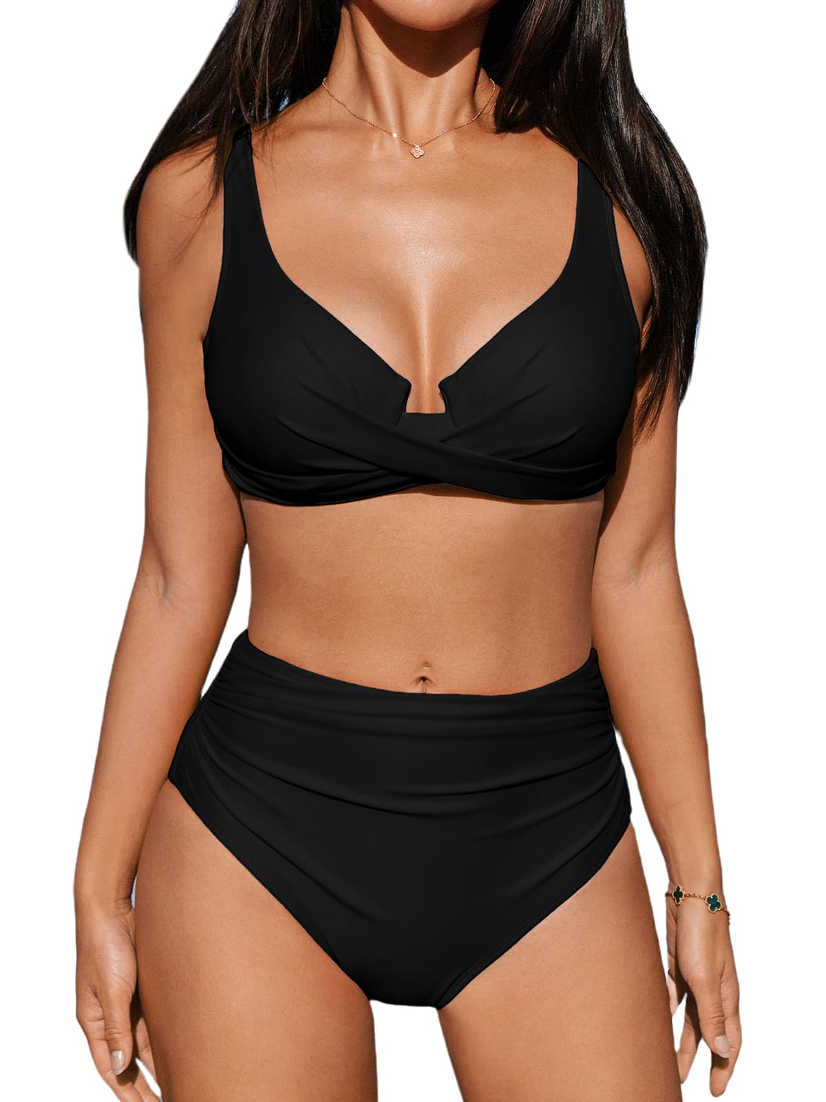 CUPSHE Women's Bikini Sets High Waisted Swimsuit Underwire Adjustable Straps Twisted Hook Full Coverage Bottom, M Black