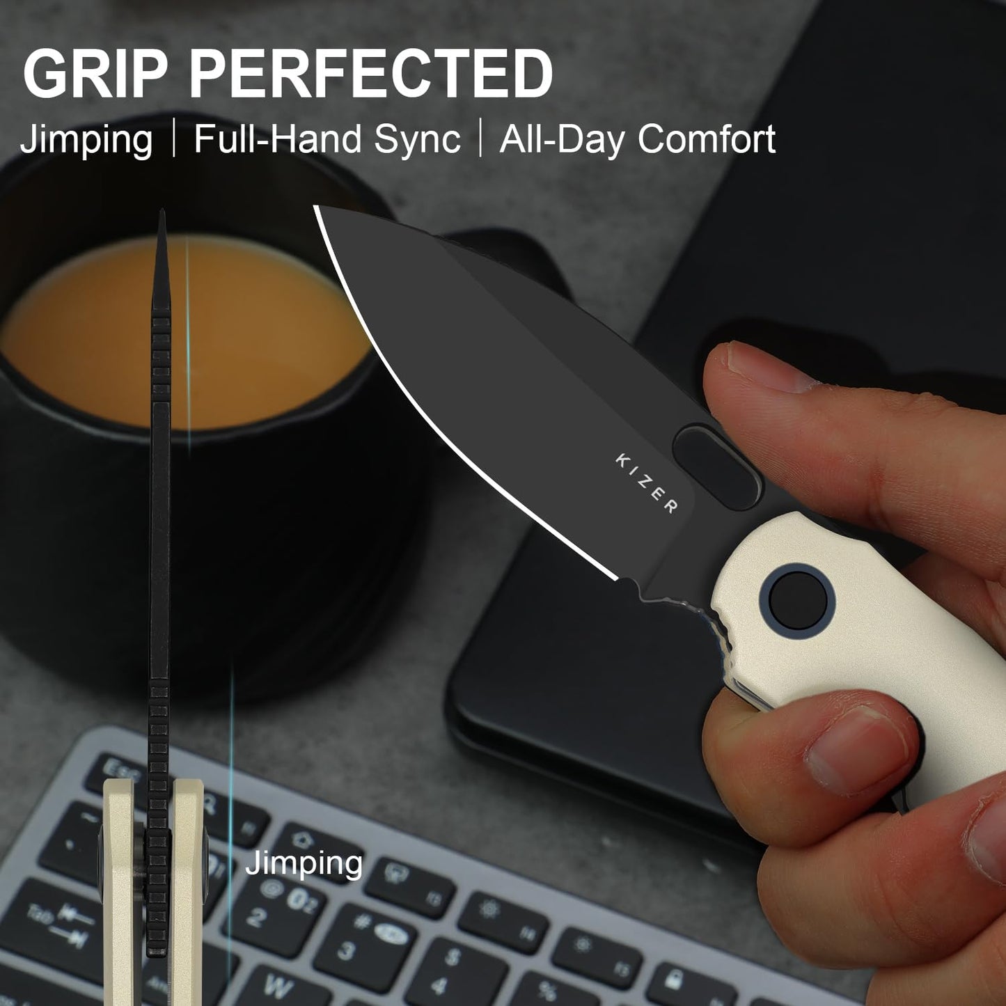 Kizer Seagull EDC Pocket Knife, 2.94" 14C28N Drop Point Folding Knife with Aluminum Handle, Flipper & Thumb Hole Opener, Liner Lock, for Camping Hiking Fishing V3770A3