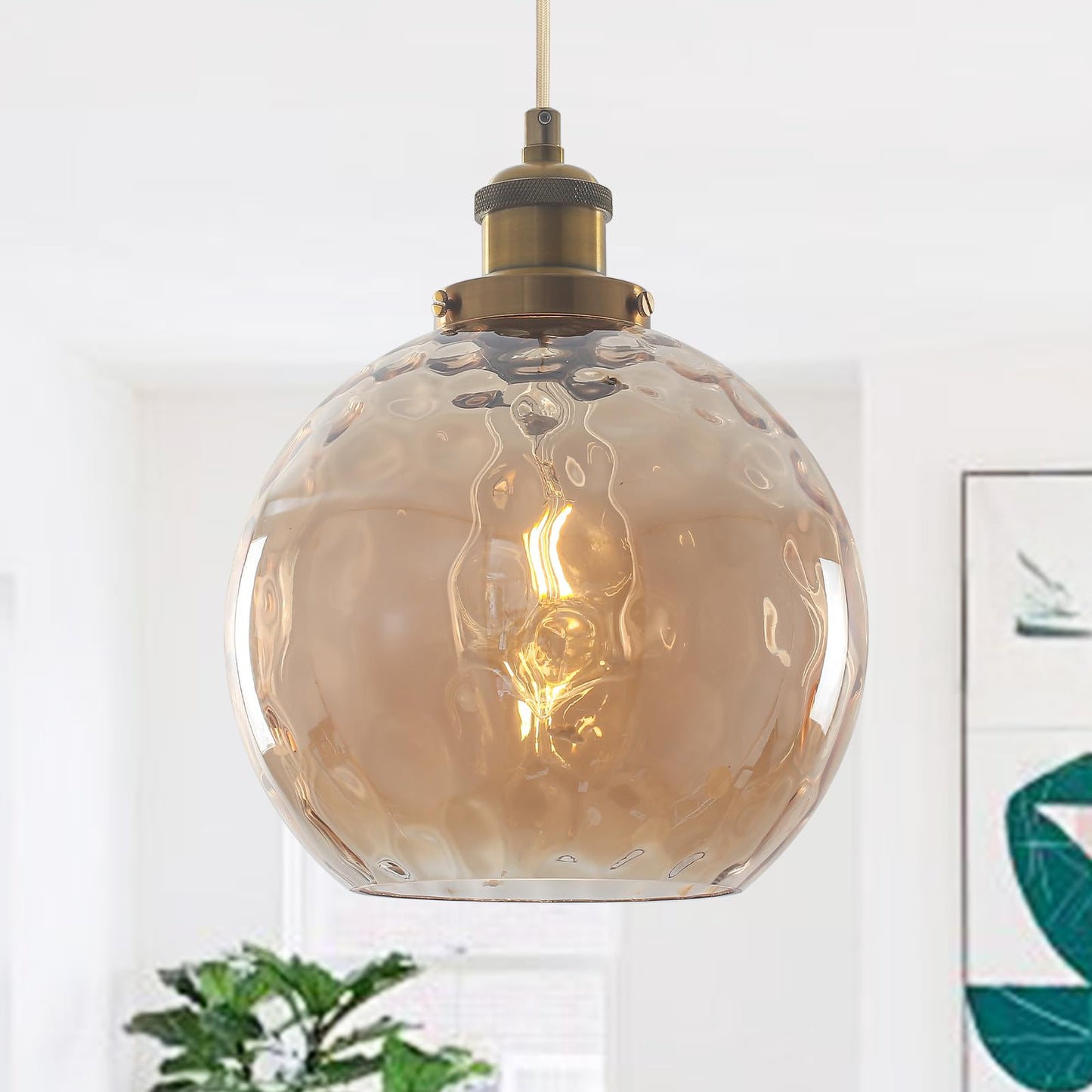 ETONIMERR Plug in Pendant Light, Amber Brown Glass Chandelier Hanging Light Fixture for Dining Room, Outdoor Pendant light with 15ft Cord and Dimmable Switch for Porch Gazebo Kitchen Island Livingroom