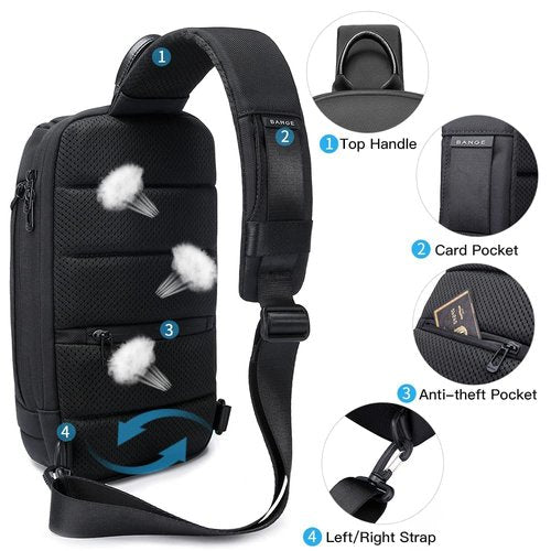 BANGE Mens Sling Bag, Waterproof Man Bags Crossbody, Casual Crossbody Backpack for Outdoors Hiking Traveling Men and Women-Black