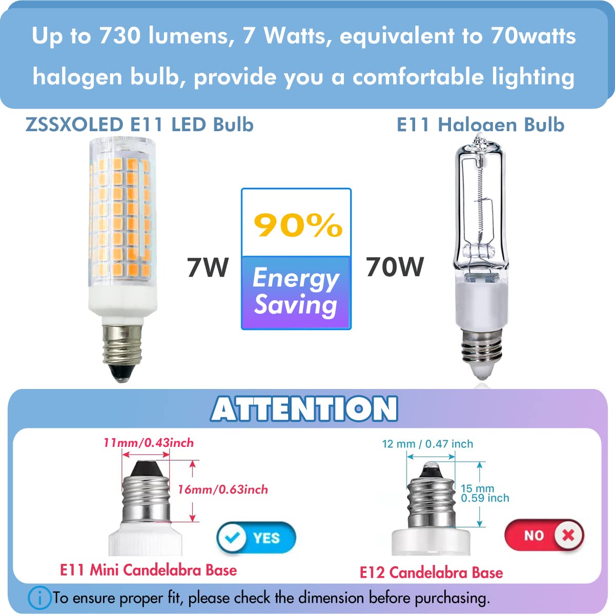 ZSSXOLED E11 LED Bulb 7W Dimmable E11 Mini Candelabra Base 75W Halogen Equivalent, T3/T4 JD E11 LED Light Bulb for Chandelier Cabinet Ceiling Fan Decorative Lighting Warm White 3000K (Pack of 2)