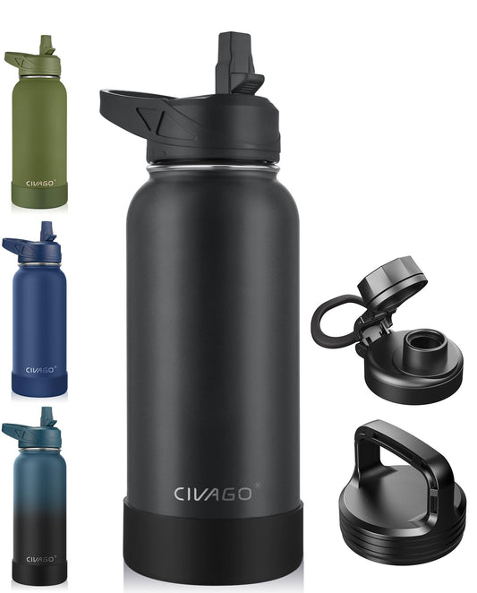 CIVAGO 32 oz Insulated Stainless Steel Water Bottle With Straw and 3 Lids