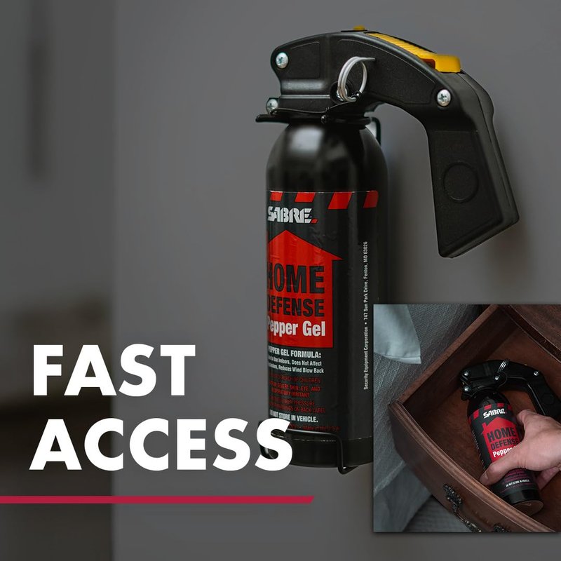 SABRE Red Home Defense Pepper Gel With Wall Mount For Easy Access, Max Strength OC Spray, UV Marking Dye Helps Identify Suspects, Full Hand Grip For More Accurate Aim, Secure Pin Safety, 32 Bursts