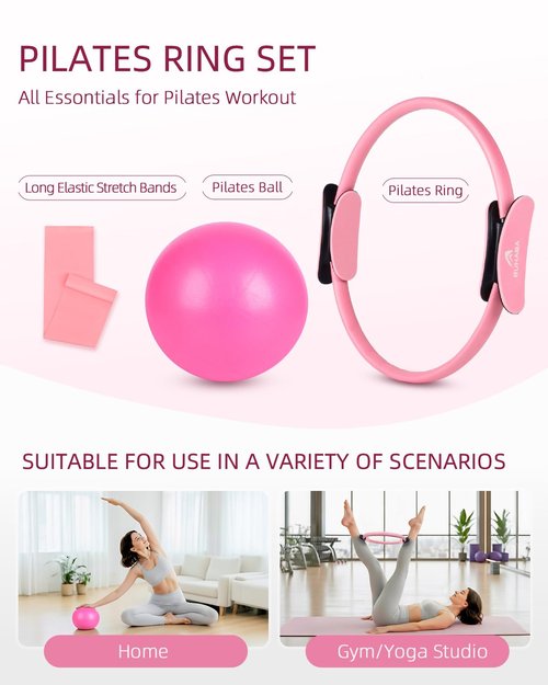 Abahub Pilates Ring Set, Home Workout Pilates Equipment Pilates，14”Magic Circle, 9”Mini Ball, Yoga Bands, Hoop for Women Home Fitness, Toning Arms, Thighs/Legs & Core, Pink Set