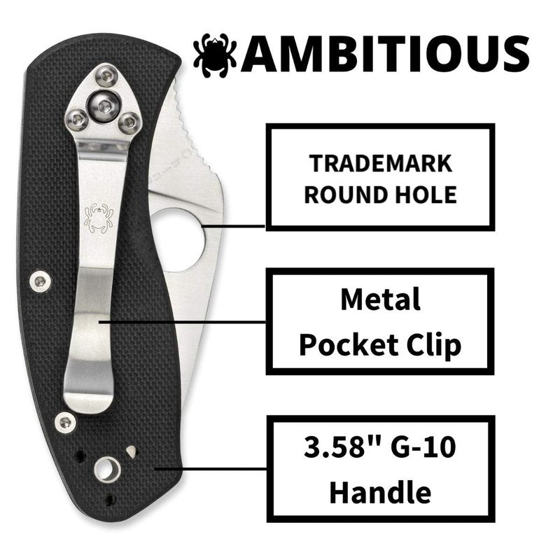 Spyderco Ambitious Value Knife with 2.31" Stainless Steel Blade and Durable Black G-10 Handle - PlainEdge - C148GP