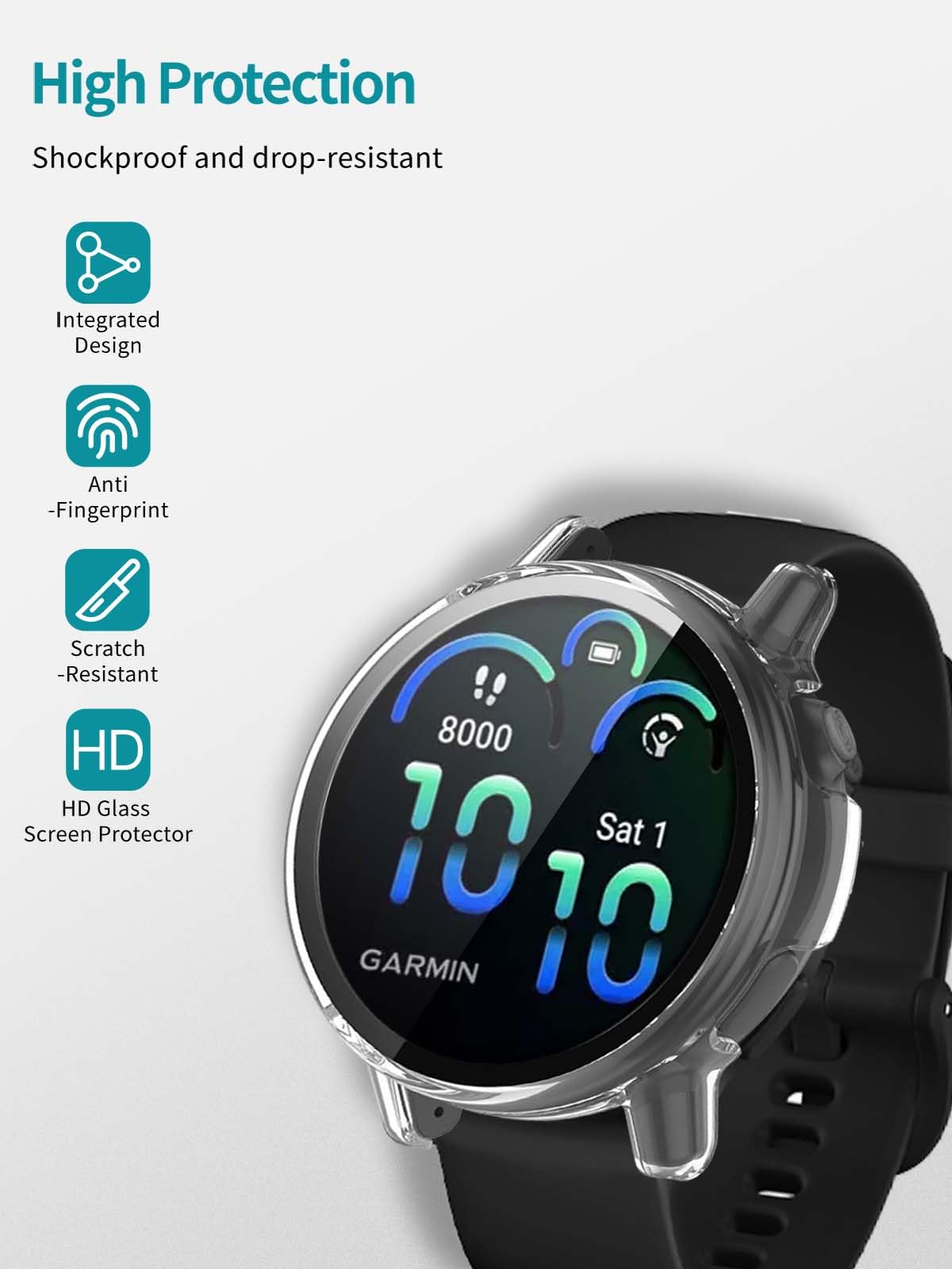 2pack Case for Garmin vívoactive 6,NOUKAJU Protective Cover Smart Watch,Built-in 9H Tempered Glass Film, Hard PC,Easy to Install,Screen Protector for Garmin vivoactive 6(Black+Clear)