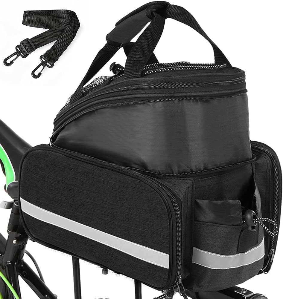 KLERICER Bike Rear Rack Bag,10-25L Bicycle Trunk Bag with Rain Cover, Pannier Bike Bag with 2 Side Foldable Panniers, with Reflective Strips and Shoulder Strap, for Shopping,Cycling,Trip (Black)