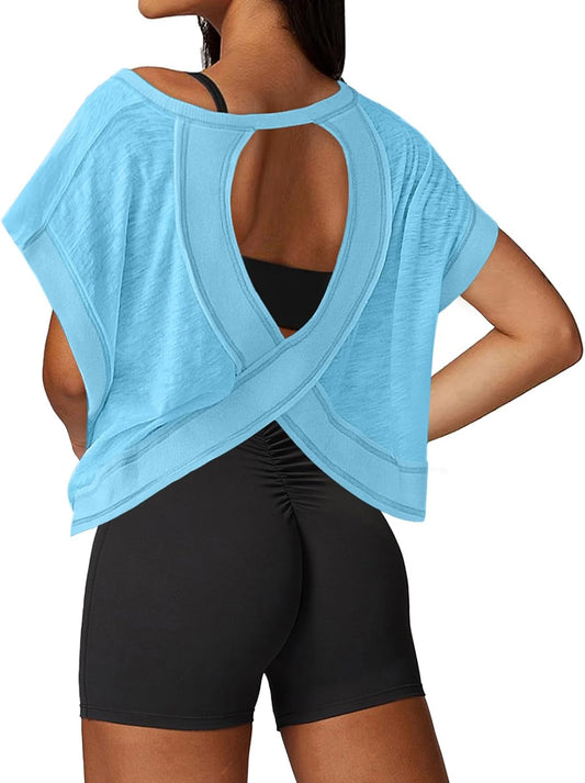 UNIANKIYA Open Back Workout Tops - Loose Fit Athletic Crop Tee for Gym & Yoga | Short Sleeve, Stylish Design