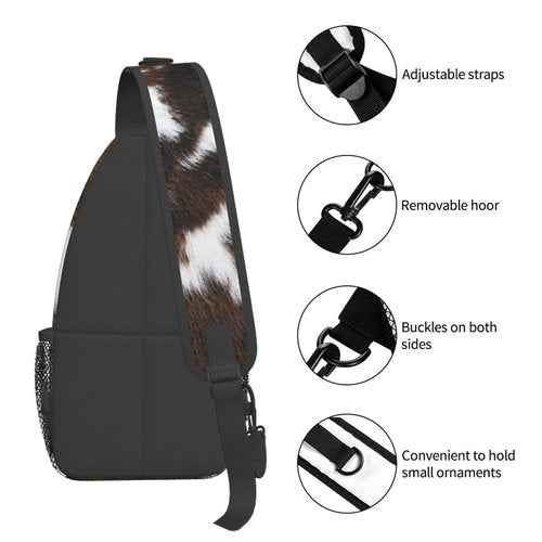 LOSTORCHI Cow Print Crossbody Sling Bags Spotted Cow Fur White and Brown Animal Skin Texture Sling Backpack for Women Men Casual Shoulder Bag Farmhouse Animal Skin Travel Gym Sports Hiking Daypack