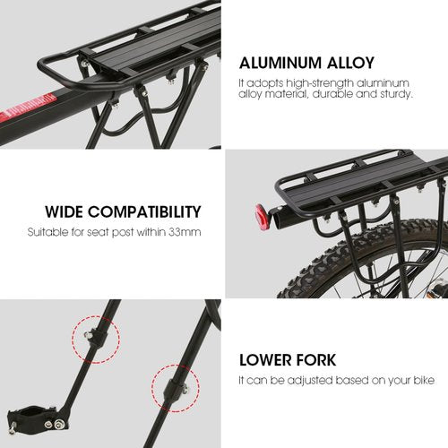 GOTOTOP Rear Rack,Strong Alloy Rear Pannier Bag Luggage Carrier Rack Cycle Seat Post 55 Lbs Capacity with Reflector Black