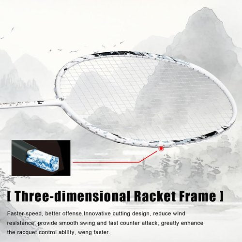 ALPSPORT Ink Mountain Painting Original Design 4U G5 Pro Graphite Badminton Rackets Sets of 2, Full Carbon Fiber Racquets with 1 Leather Bag, 2 Tied Grips Tapes, Sports Padel Raket for Training