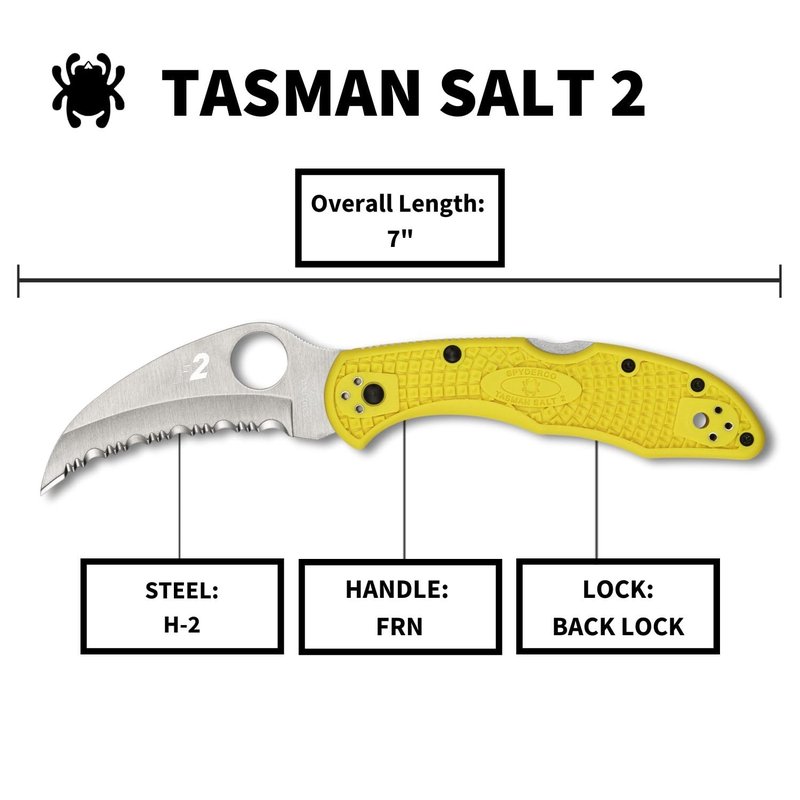 Spyderco Tasman Salt 2 Lightweight Knife with 2.91" H-1 Ultra-Corrosion Resistant Steel Blade and Yellow FRN Handle - SpyderEdge - C106SYL2