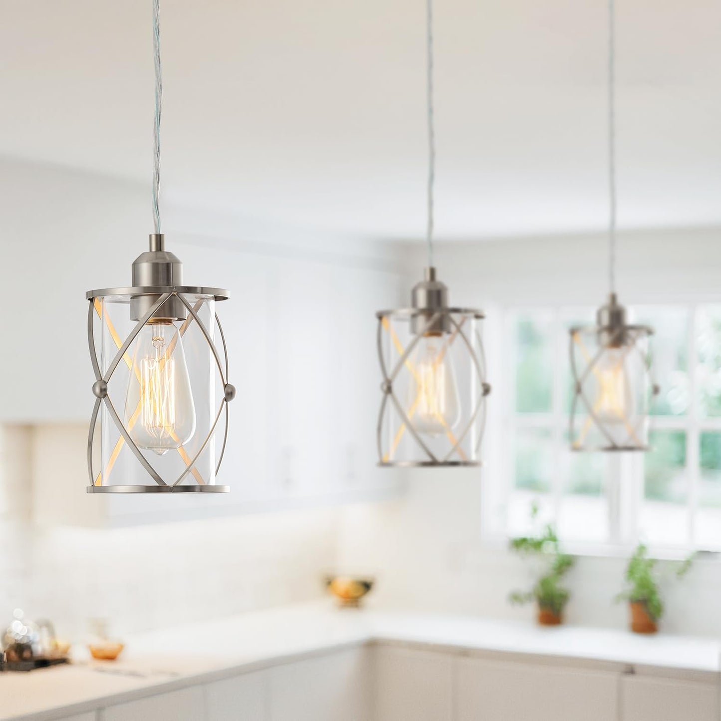 mirrea H-Type Brushed Nickel Track Lighting Pendant with Dotted Cage Clear Glass, Adjustable Hanging Light, E26 Socket, Pack of 3