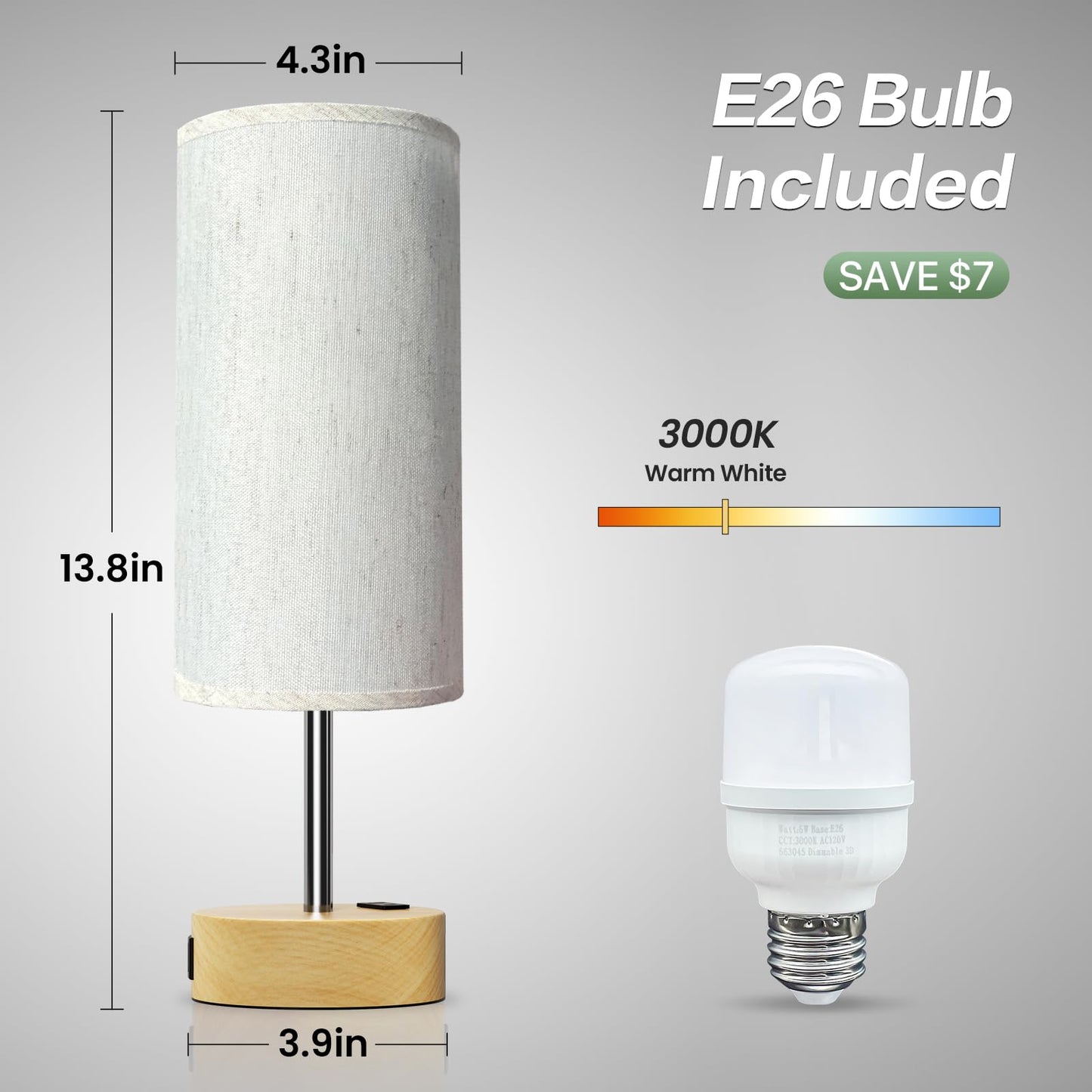 KPQ Small Bedside Lamp Touch Control Table Lamp with USB A+C Charging Ports & AC Outlet 3-Way Dimmable Nightstand Lamp with Linen Fabric Shade for Bedroom Living Room